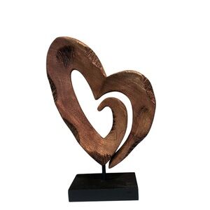 Carved Wood Abstract Heart Sculpture on Black Stand 14.5 Inch Modern Rustic Boho